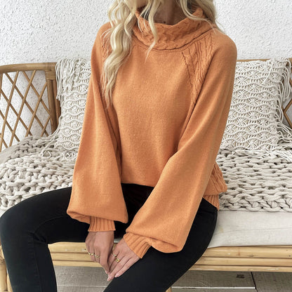 2025 Women’s Autumn Winter Floral Knit Sweater – Straight Cut, Mock Neck, Puff Sleeve European Style