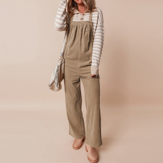 Autumn 2025 Women’s Corduroy Overalls – Solid Color Multi-Pocket Jumpsuit