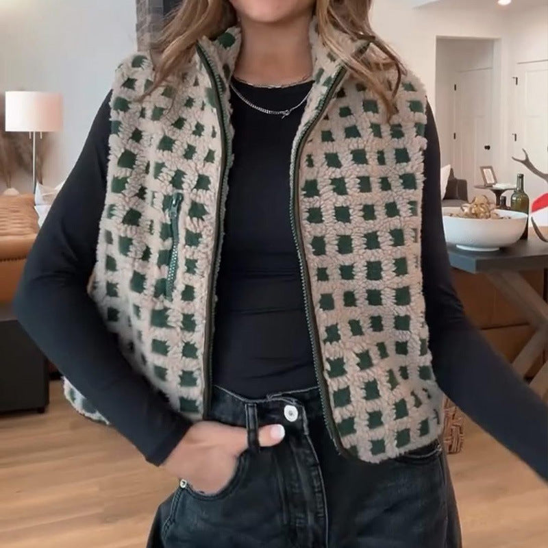 Plaid Fleece Vest for Women | New Sleeveless Stand Collar Vest