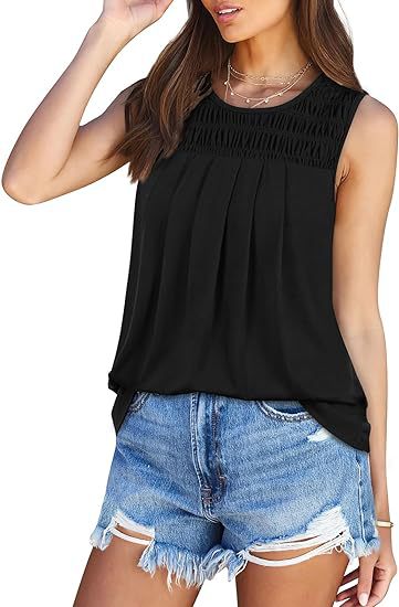 Women’s Pleated Sleeveless Tank Top – Summer Loose Fit Round Neck Blouse