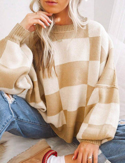Women’s Plaid Knit Sweater | Loose Fit Crewneck Pullover · Casual Autumn Long Sleeve Top