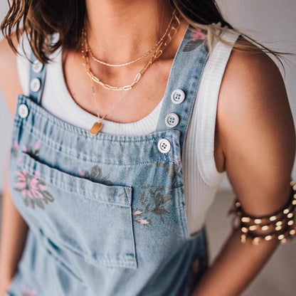 Women’s Fashion Denim Floral Jumpsuit – Casual Sleeveless Overall
