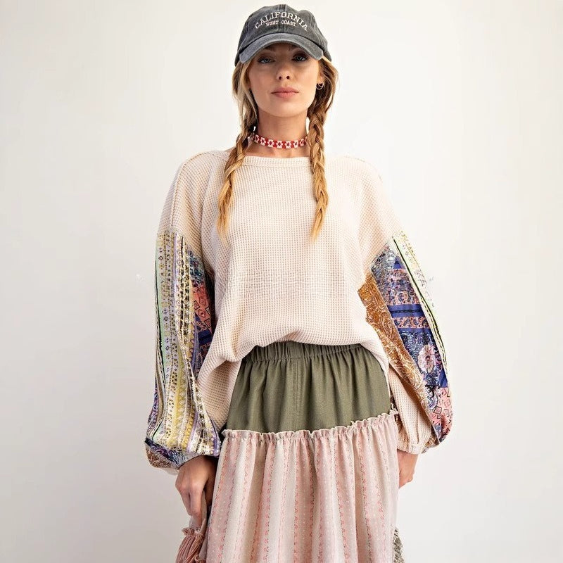 Women’s Waffle Knit Patchwork Sweatshirt | Long Sleeve Printed Autumn Top