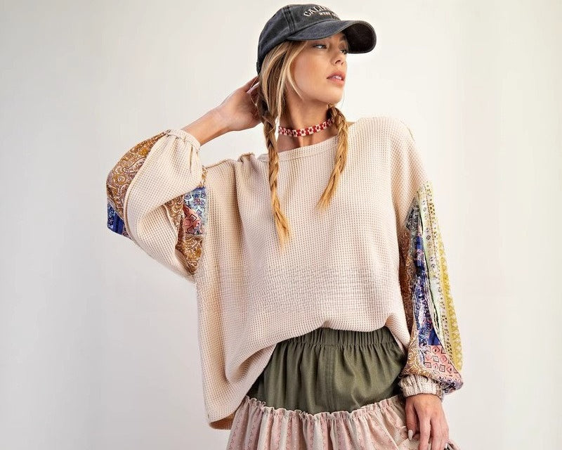 Women’s Waffle Knit Patchwork Sweatshirt | Long Sleeve Printed Autumn Top